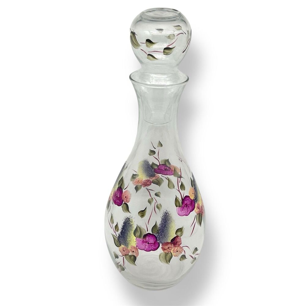 VTG ‘98 Glass Wine Decanter Carafe w/Stopper Lid Cup Hand Painted Floral -Signed